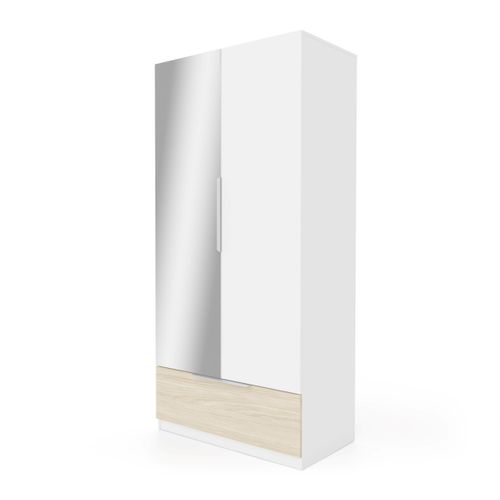 Armoire 2 portes 1 tiroir MERYL blanc et imitation chêne vue de profil