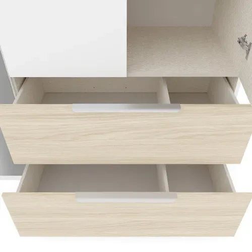 Armoire 4 portes 2 tiroirs MERYL blanc et imitation chêne vue accessoires