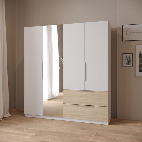 Armoire 4 portes 2 tiroirs MERYL blanc et imitation chêne vue d'ambiance 1