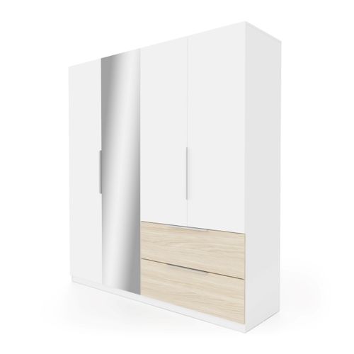 Armoire 4 portes 2 tiroirs MERYL blanc et imitation chêne vue de profil