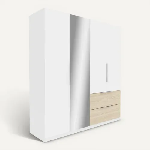 Armoire 4 portes 2 tiroirs MERYL blanc et imitation chêne vue 3/4
