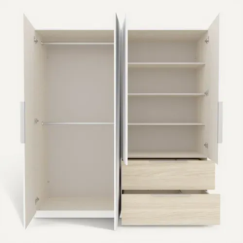Armoire 4 portes 2 tiroirs MERYL blanc et imitation chêne