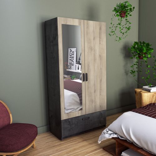 Armoire 2 portes 1 tiroir L.89 cm READY imitation chêne kronberg et ardoise