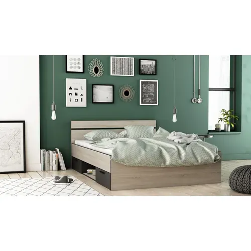 Lit 140x190 cm avec rangements MICHIGAN imitation chêne et noir