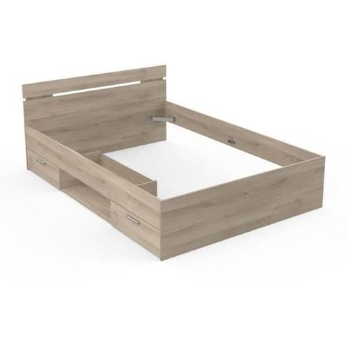 Lit Adulte - Michigan - 140 X 200 Cm - 2 Tiroirs / 1 Niche - Chene Kronberg -