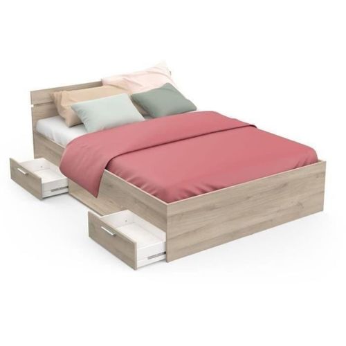 Lit Adulte - Michigan - 140 X 200 Cm - 2 Tiroirs / 1 Niche - Chene Kronberg -