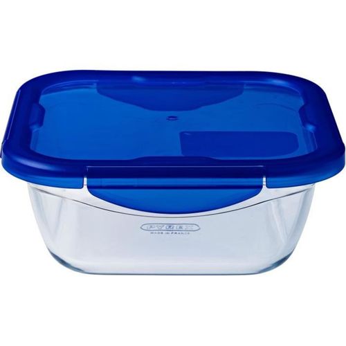 Boîte De Conservation Carrée En Verre 0,8 L - 16x16x6 Cm, Couvercle Bleu Étanche