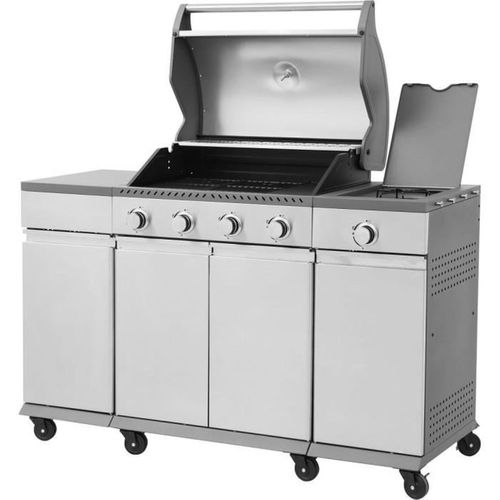 Barbecue Gaz Sur Chariot Inox 70x42 Cm – 5 Brûleurs Et Plancha Fonte