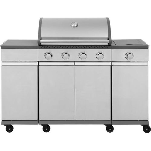 Barbecue Gaz Sur Chariot Inox 70x42 Cm – 5 Brûleurs Et Plancha Fonte
