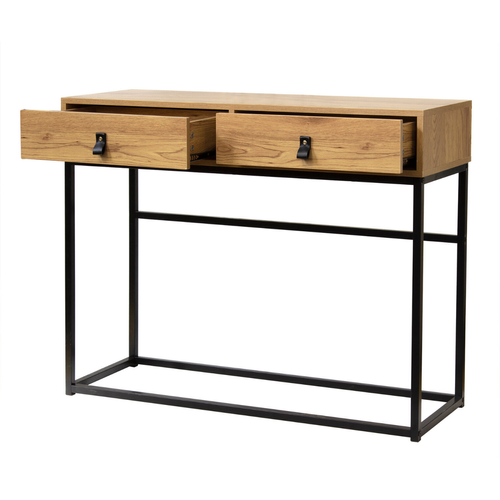 Console 2 Tiroirs Pieds Métal Effet Chêne - L100 Cm