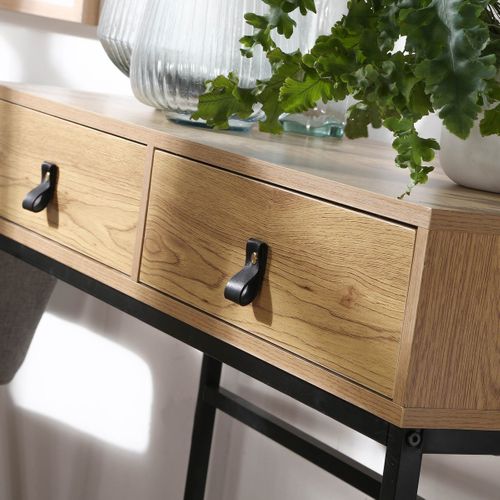 Console 2 Tiroirs Pieds Métal Effet Chêne - L100 Cm