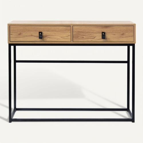 Console 2 Tiroirs Pieds Métal Effet Chêne - L100 Cm