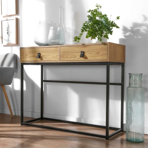 Console 2 Tiroirs Pieds Métal Effet Chêne - L100 Cm