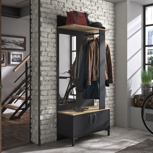 Vestiaire D'entrée Noir 2 Portes Et Un Miroir