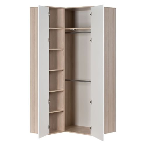 Armoire D'angle 6 étagères Et 2 Penderie - Décor Blanc Et Bois