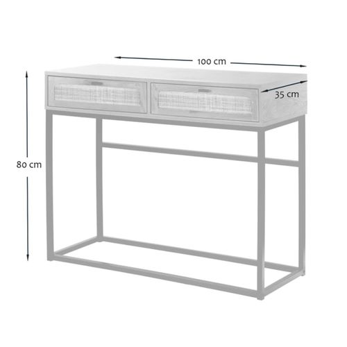 Console 2 Tiroirs Aspect Chêne Avec Cannage Rotin - L100cm
