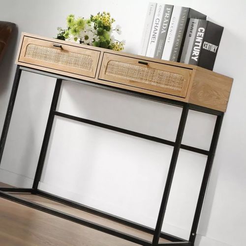 Console 2 Tiroirs Aspect Chêne Avec Cannage Rotin - L100cm