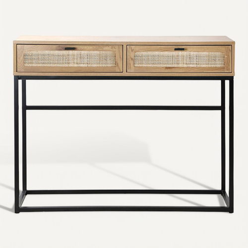 Console 2 Tiroirs Aspect Chêne Avec Cannage Rotin - L100cm