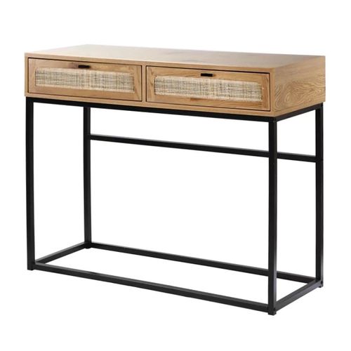 Console 2 Tiroirs Aspect Chêne Avec Cannage Rotin - L100cm