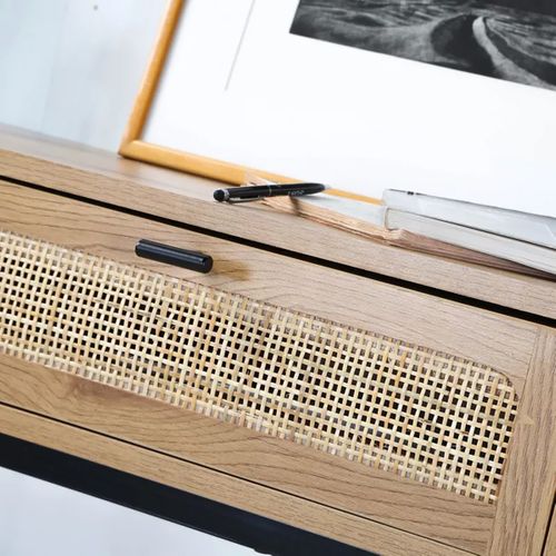 Console 2 Tiroirs Aspect Chêne Avec Cannage Rotin - L100cm