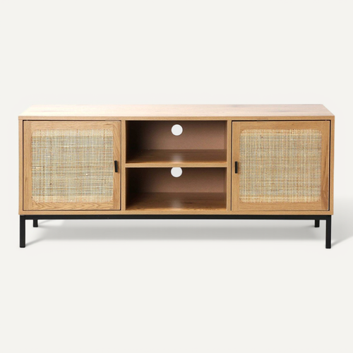 Meuble TV 2 Portes Avec Cannage Rotin Et 2 Niches - L120cm