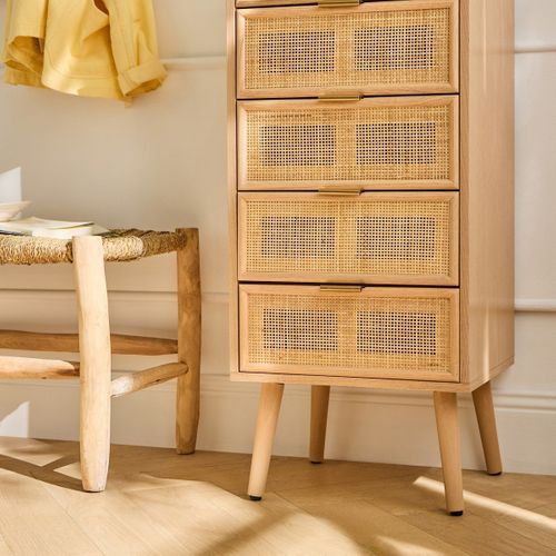 Chiffonnier 5 Tiroirs Façades En Rotin Naturel - H100 Cm