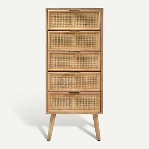 Chiffonnier 5 Tiroirs Façades En Rotin Naturel - H100 Cm