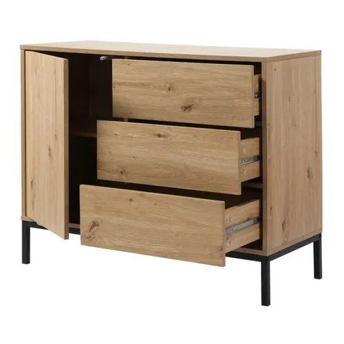 Commode 3 Tiroirs 1 Porte Décor Chêne - L90 X H80 Cm