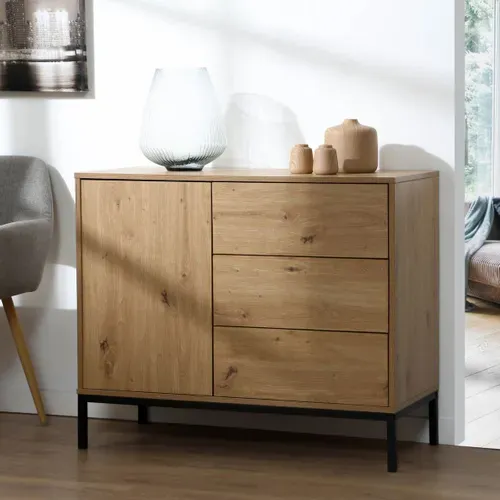 Commode 3 Tiroirs 1 Porte Décor Chêne - L90 X H80 Cm
