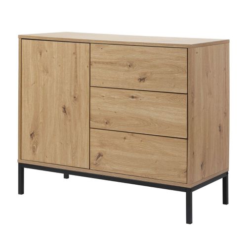Commode 3 Tiroirs 1 Porte Décor Chêne - L90 X H80 Cm