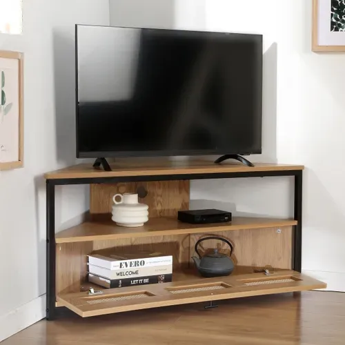 Meuble TV D'angle 1 Porte Avec Cannage Rotin L100cm
