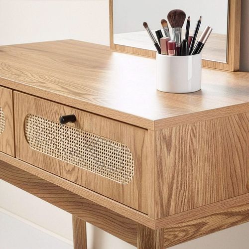 Coiffeuse Avec Miroir Et 2 Tiroirs Façades Rotin L80 Cm