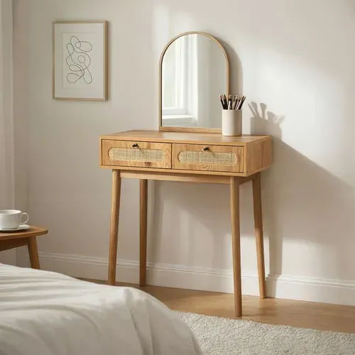 Coiffeuse Avec Miroir Et 2 Tiroirs Façades Rotin L80 Cm