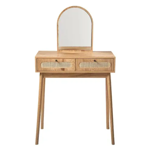 Coiffeuse Avec Miroir Et 2 Tiroirs Façades Rotin L80 Cm