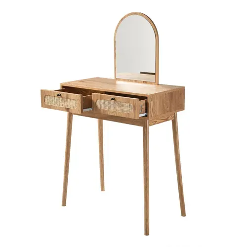 Coiffeuse Avec Miroir Et 2 Tiroirs Façades Rotin L80 Cm