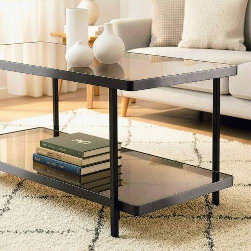 Table Basse En Métal Noir Avec Plateaux En Verre Fumé L100 Cm