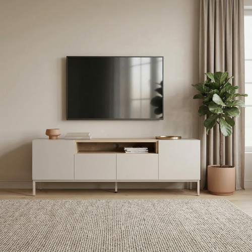 Meuble TV 4 Portes 1 Niche Décor Cachemire Et Bois L160 Cm
