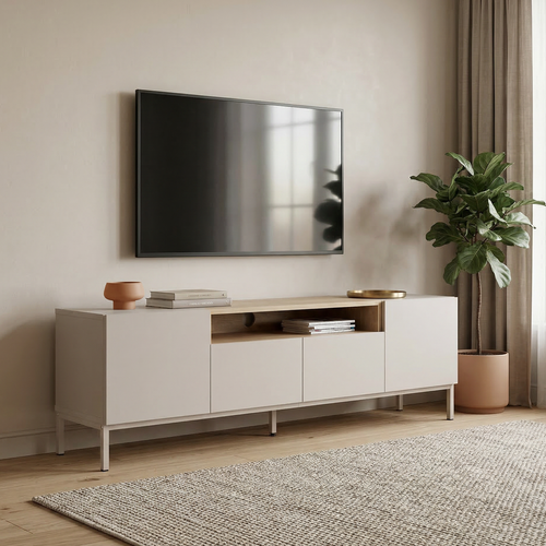 Meuble TV 4 Portes 1 Niche Décor Cachemire Et Bois L160 Cm