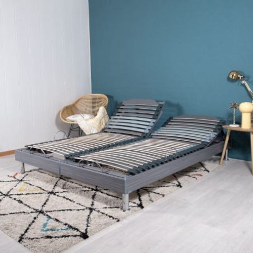 Sommier électrique S62+lattes Bois - Réglage Fermeté Zone Lombaires - 2x70x190 - Gris