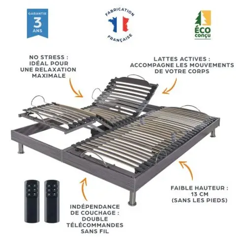 Sommier électrique S62+lattes Bois - Réglage Fermeté Zone Lombaires - 2x70x190 - Gris
