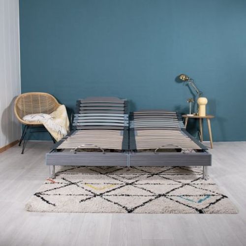 Sommier électrique S62+lattes Bois - Réglage Fermeté Zone Lombaires - 2x70x190 - Gris