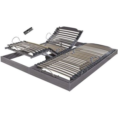 Sommier électrique S62+lattes Bois - Réglage Fermeté Zone Lombaires - 2x70x190 - Gris
