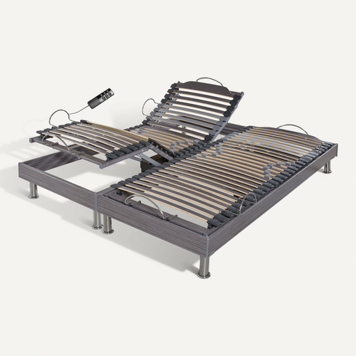 Sommier électrique S62+lattes Bois - Réglage Fermeté Zone Lombaires - 2x80x200 - Gris