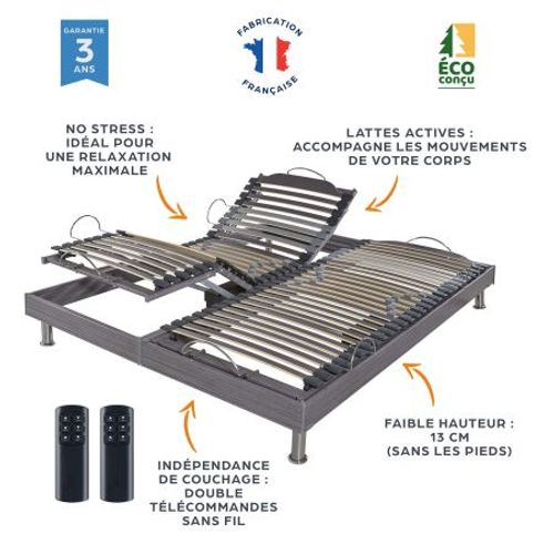 Sommier électrique S62+lattes Bois - Réglage Fermeté Zone Lombaires - 2x90x200 - Gris