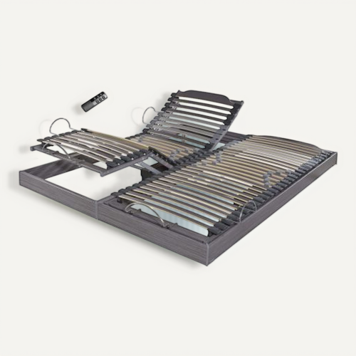 Sommier électrique S62+lattes Bois - Réglage Fermeté Zone Lombaires - 2x90x200 - Gris