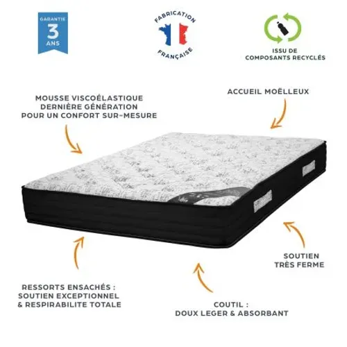 Matelas 140x190 Black Mattress - Ressorts - Hauteur 25 Cm - Soutien Très Ferme