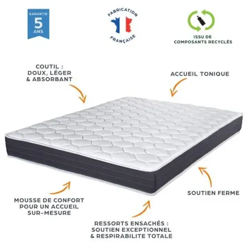 Matelas 90x190 Record - Ressorts Ensachés - Hauteur 20 Cm - Ferme