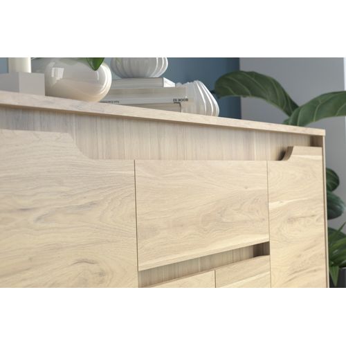 Buffet 4 portes 185 cm WENDY imitation chêne vue accessoires