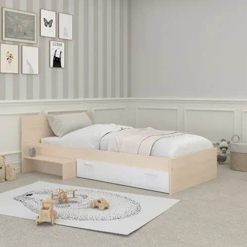 Lit 90x190 LOAN tiroir imitation Acacia clair et blanc vue d'ambiance 1