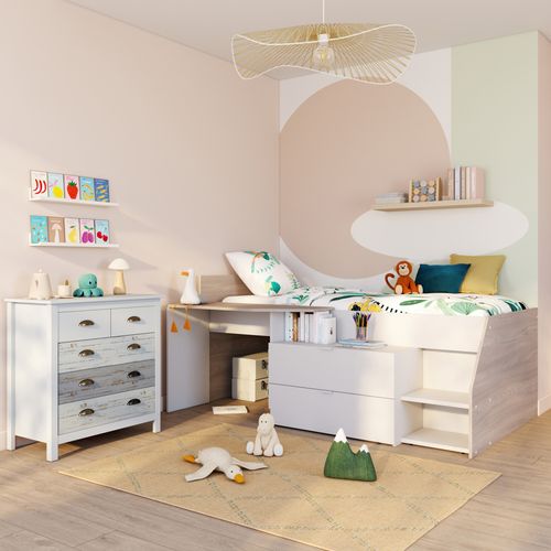 Lit 90x190/200 cm avec bureau intégré CODY blanc et gris vue d'ambiance 1